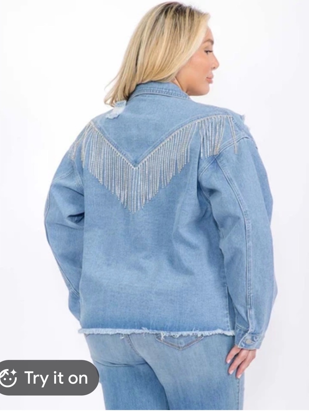First Love Light Wash Denim Jeans Jacket with Fringe Detail - Light Blue Size L